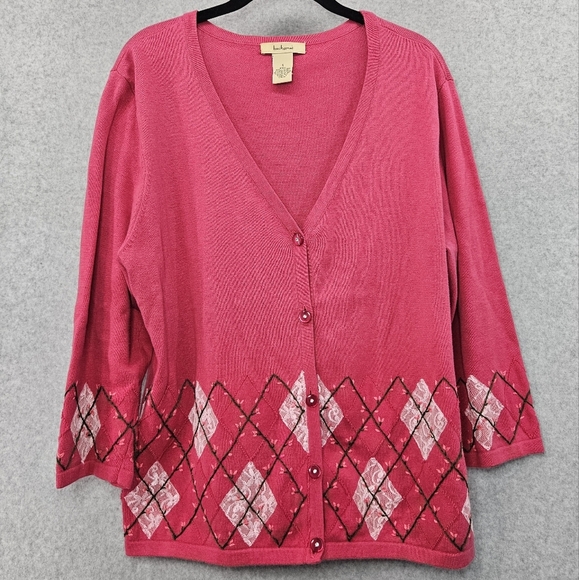 Bechamel‎ Hot Pink Cardigan with Embroidered Flowers and Lace Women's Lg - Picture 1 of 5
